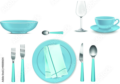 Realistic blue table set up with cutlery and napkin for wedding or dinner