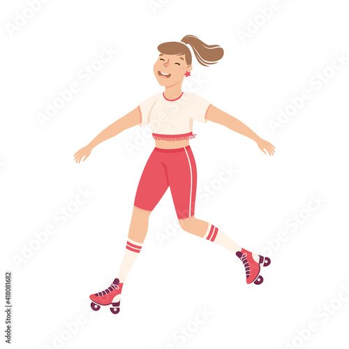 Cheerful Woman Character Dancing on Roller Skates Vector Illustration.