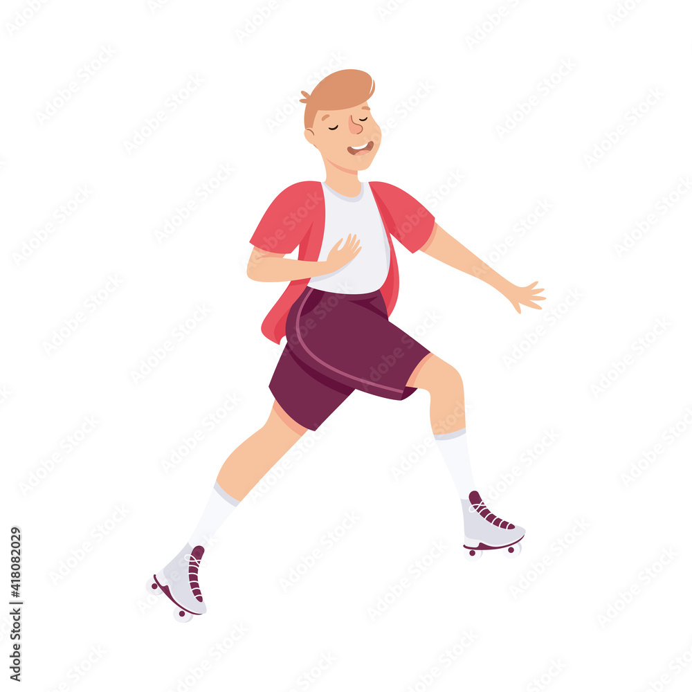 Smiling Man Character Dancing on Roller Skates Performing Tricky Movement Vector Illustration