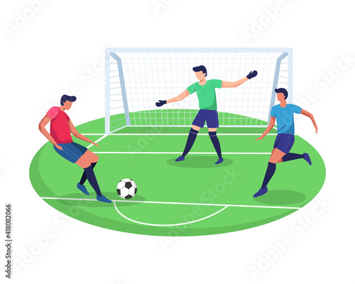 Illustration concept of playing soccer sport. Attacker kicking soccer ball  Sport game and teamwork concept. Football soccer player  Active and healthy lifestyle. Vector illustration in flat style