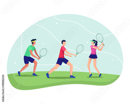 People playing tennis. Sports athlete, exercising illustration concept. Workout playing tennis set, Tennis player holding a racket. Tennis player training athlete hitting a ball. Vector in flat style