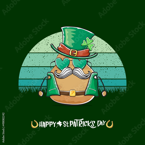 Happy saint patricks day greeting card with funky leprechaun potato character with green particks hat isolated on green background with vintage sun. Rock n roll saint Patrick vegetable character photo