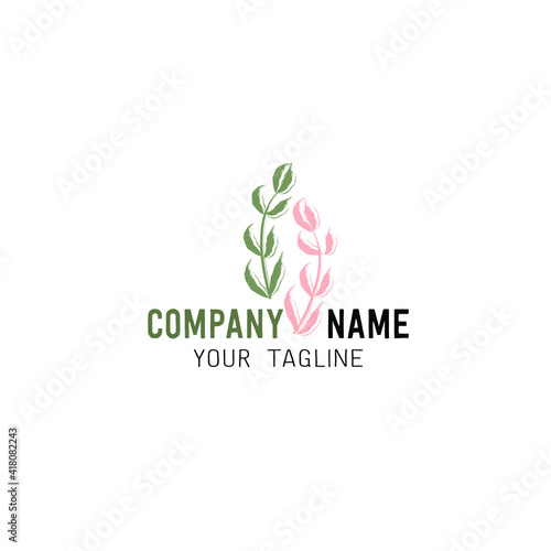 Abstract Vector logotype with elegant pink and green twigs.  Logotype for any model of company.
