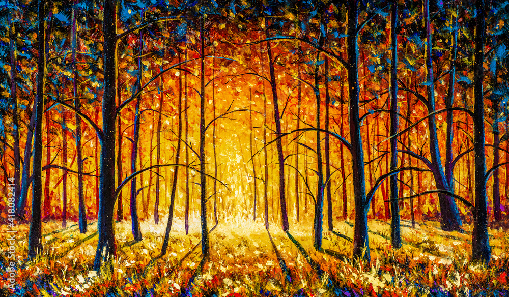 Panorama orange autumn sunny warm park alley forest original oil painting landscape tree forest modern fine art