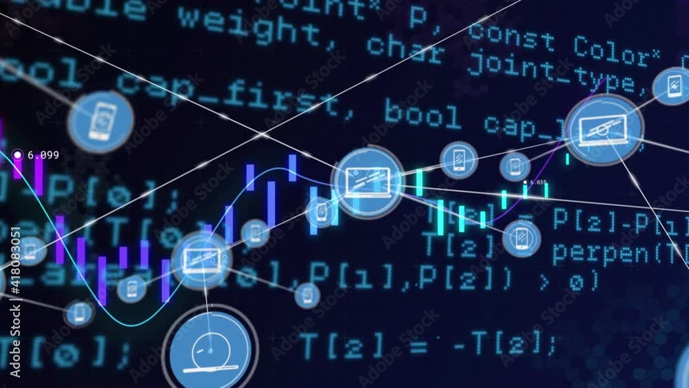 Animation of network of connected media icons and data on black background Animation of network of connected media icons and data on black background