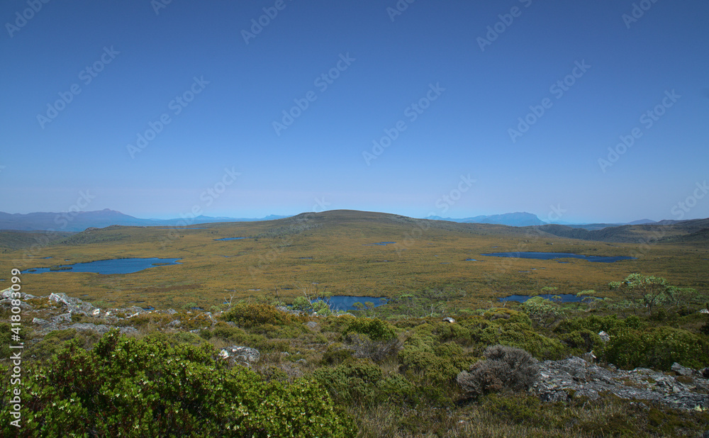 Wide and isolated wild valley and hills of multiple ponds, grassland and green forest surrounded mountains and clear blue sky,  The Overland Track, Tasmania, Australia