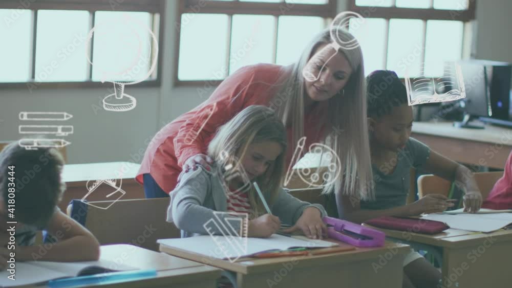 Animation of floating education icons over a group of kids sitting in classroom talking to teacher Animation of floating education icons over a group of kids sitting in classroom talking to teacher
