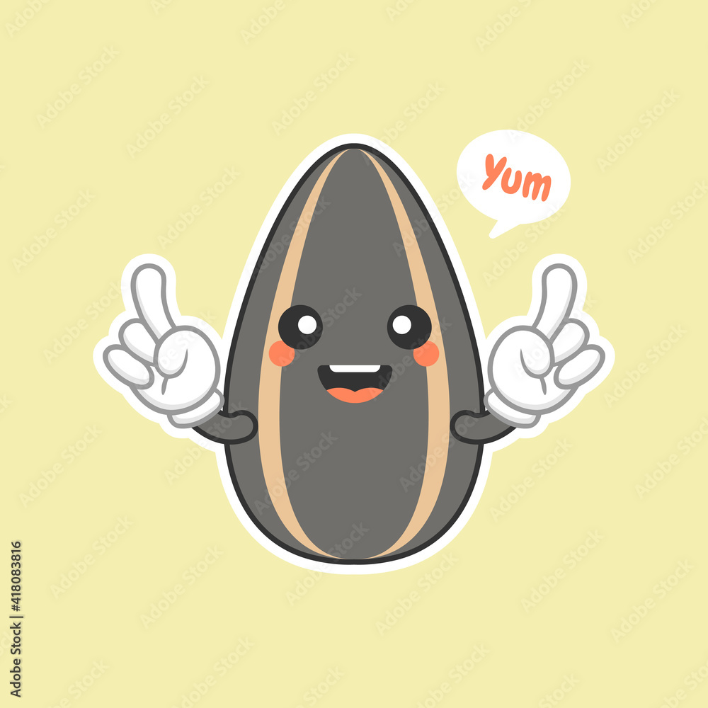 Cute sunflower seeds. Cartoon characters with expression,Cute Organic Sunflower Seed Character Illustration In Isolated color Background Cute sunflower seeds. Cartoon characters with expression,Cute Organic Sunflower Seed Character Illustration In Isolated color Background