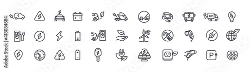 EV Electric vehicle line icon set. Electricity car editable stroke outline sign collection.
