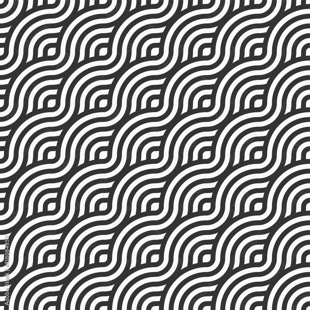 Abstract seamless. Seamless braided linear pattern, wavy lines. Endless striped texture with winding elements. Vector geometric monochrome background.