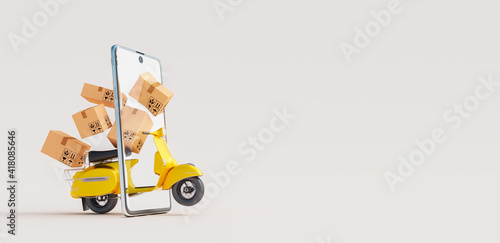 Fast delivery concept with scooter coming with packages through the smartphone screen 3D Rendering, 3D Illustration photo