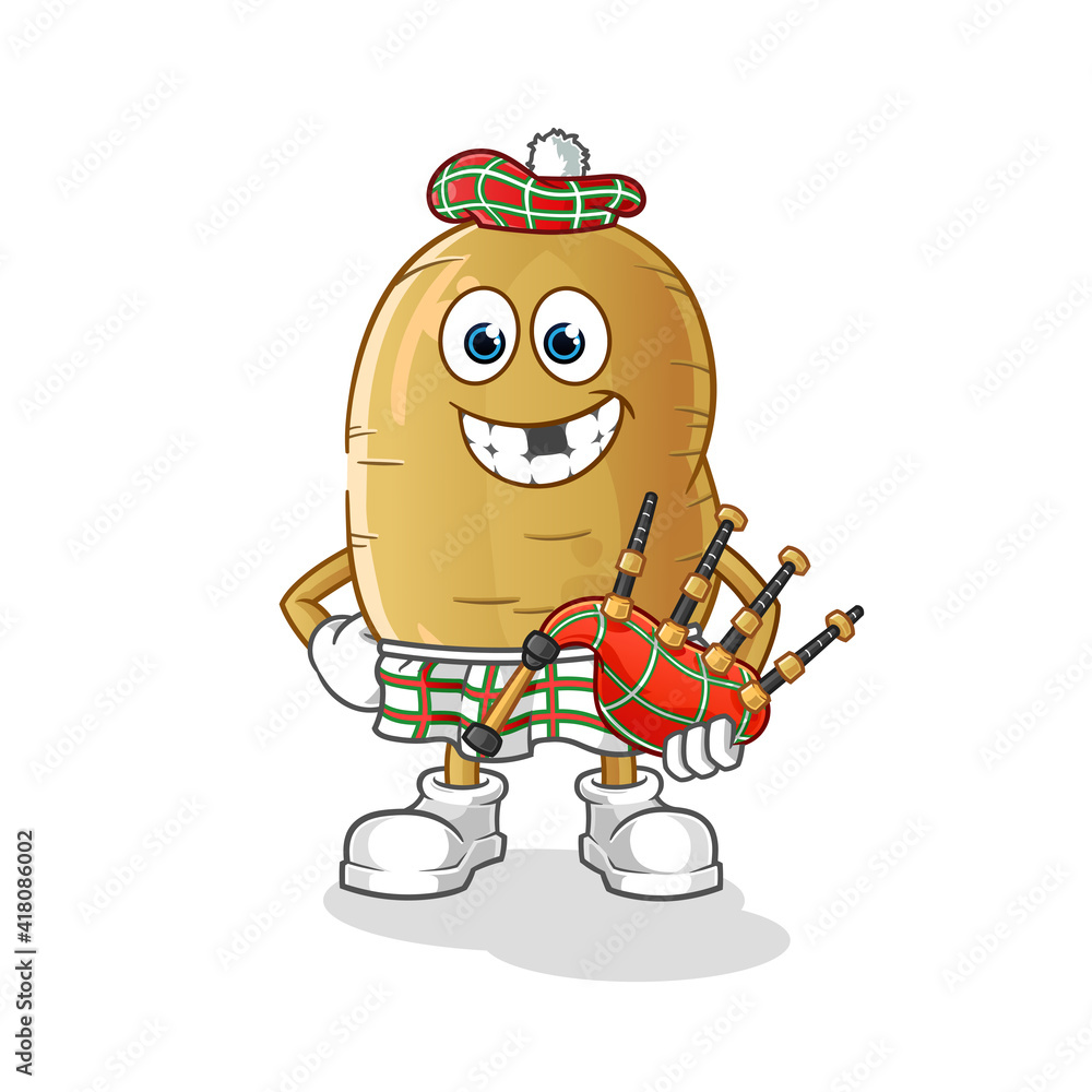 potato scottish with bagpipes vector. cartoon character