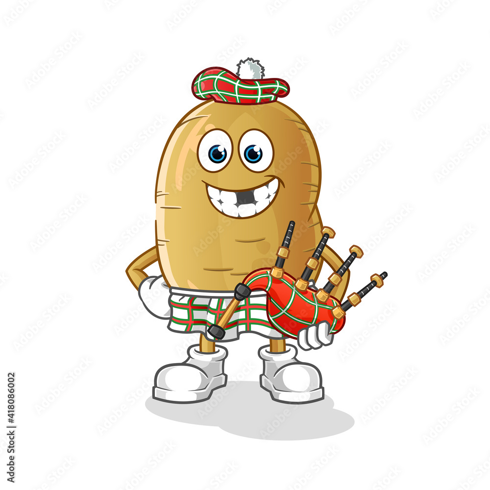 potato scottish with bagpipes vector. cartoon character potato scottish with bagpipes vector. cartoon character