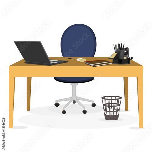 Workplace. Vector image of an employee's workplace without people. Office space with a desk, chair, laptop and office supplies.