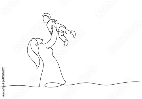 Happy Mother`s Day Continuous Single Line Drawing. Happy Family One Line Drawing. Mother and Baby Minimalist Illustration. Vector EPS 10.	