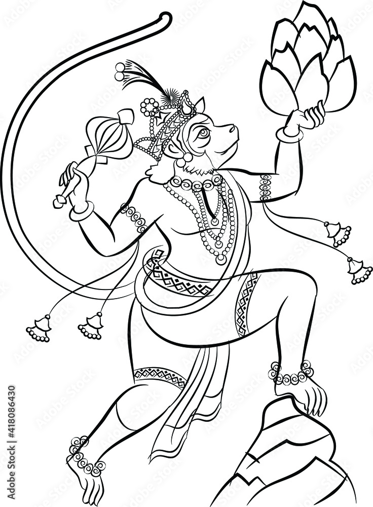 Fototapeta premium Monkeyface god of power, lord Hanuman and his servants or Sevak as they are called. in Indian folk art Pinguli style. for textile printing, logo, wallpaper