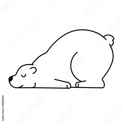 Polar bear asleep. Animal is sleeping. Bear lying head down. Outline drawing. Line vector illustration.  Isolated on white background.