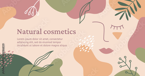 Vector trendy banner for the beauty industry. Natural cosmetics concept. Illustration with a linear surreal portrait of a woman, abstract color spots and floral elements in natural colors.