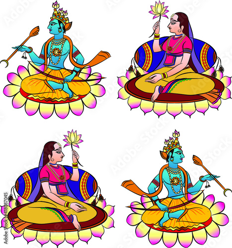 Lord Rama, the Hindu god. with a bow and arrow, and Sevikas or lady servants. for textile printing, logo, wallpaper