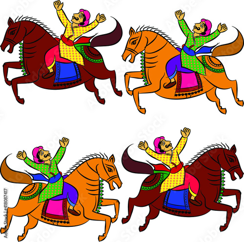 worrier drew in Ganjfa style. Ganjifa is a traditional game of cards that has over a period of time, evolved into an art form. folk art from India textile printing, logo, wallpaper