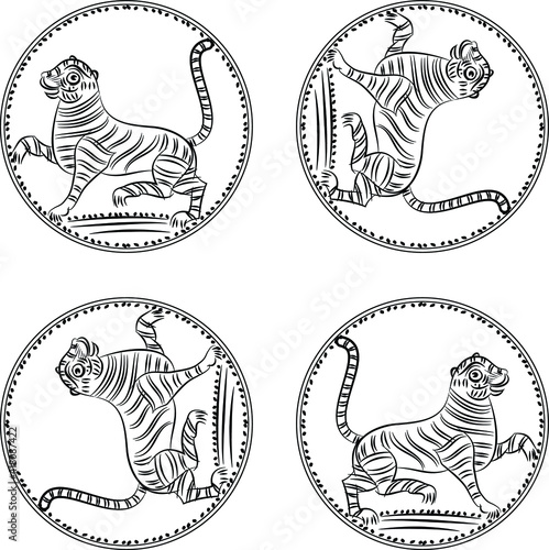 Tiger drew in Ganjfa style. Ganjifa is a traditional game of cards that has over a period of time, evolved into an art form. folk art from Maharashtra, India textile printing, logo, wallpaper