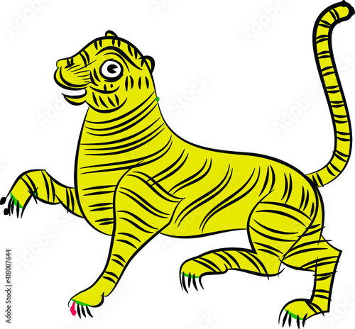 Tiger drew in Ganjfa style. Ganjifa is a traditional game of cards that has over a period of time, evolved into an art form. folk art from Maharashtra, India textile printing, logo, wallpaper