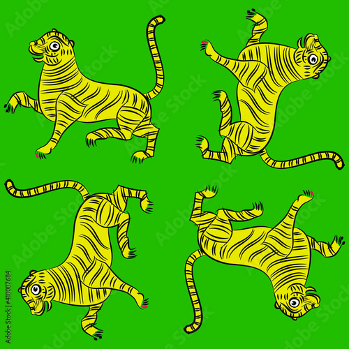 Tiger drew in Ganjfa style. Ganjifa is a traditional game of cards that has over a period of time, evolved into an art form. folk art from Maharashtra, India textile printing, logo, wallpaper