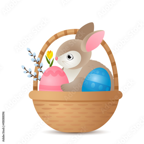 festive Easter banner with Easter bunny BUNNIV in a basket with eggs, flowers, pussy willow and place for text.