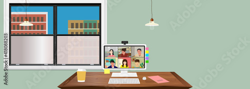 Remote work. Online meeting. Video conference. home, live meeting, desktop PC, web camera, sticky, tag, lesson, vector illustration, graphic, work from home job, telework, copy space, landscape,