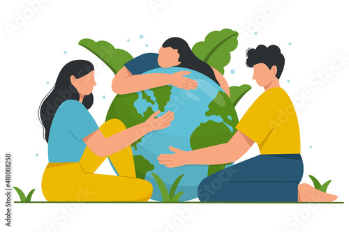 Young people take care the planet. Happy Earth Day. Concept of environmental protection and nature care. Design for greeting card, poster, web or print. Flat vector illustration.
