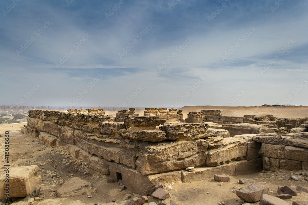 Ancient ruins near great pyramids in Giza plateau. Cairo, Egypt