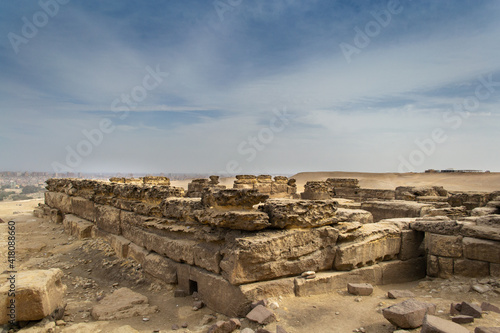 Ancient ruins near great pyramids in Giza plateau. Cairo, Egypt
