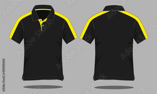 Short sleeve two tone polo shirt design black-yellow vector.Front and back view.