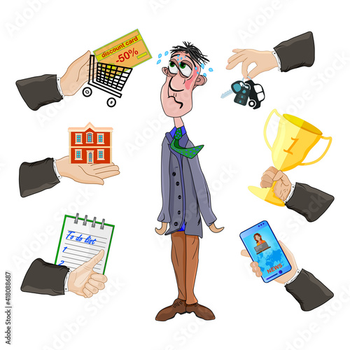 Depressed man with many hands isolated on white background. Multitasking problem with stress and pressure frustration.Multitasking and productivity concept. Work overload to person.Vector illustration