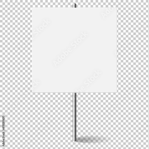 Blank banner mock up on metal stick. Protest placard, public transparency with metal holder. Protest sign isolated on transparent background