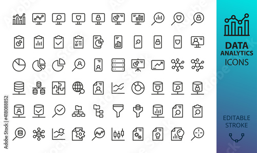 Data analytics and statistics isolated icon set. Set of research marketing, personal information, business presentation, database network, pie chart, bar graph, mind map, data analysis vector icons