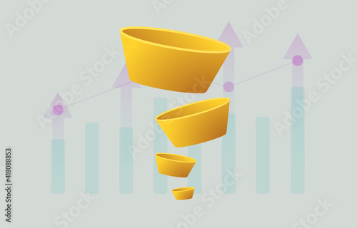Sales funnel, Yellow Customer Conversion optimization concept with big data chart for ecommerce marketing business. Ecommerce sales conversion rate funnel infographic vector template illustration