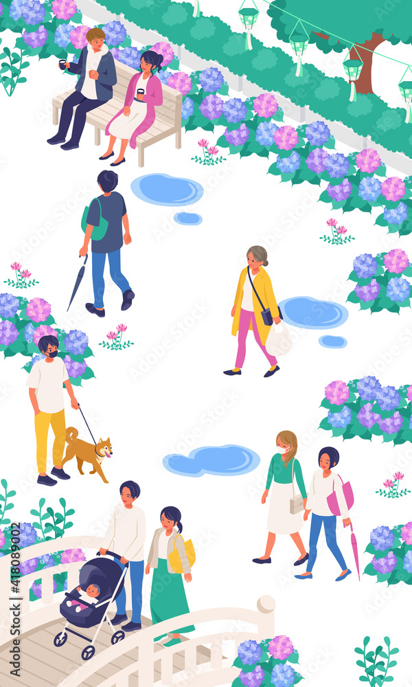 梅雨の紫陽花と人々の生活風景(街並み、町並み)のベクターイラスト(アイソメトリック、アイソメ)