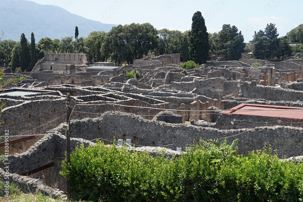 Pompeii famous ancient city archaeological site near Mount Vesuv aerial panoramic view, popular tourist guided tour destination, Pompei, Italy