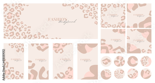 Fashion social media kit. Banner, stories, posts and highlights templates.  Vector backgrounds with fashion leopard print
