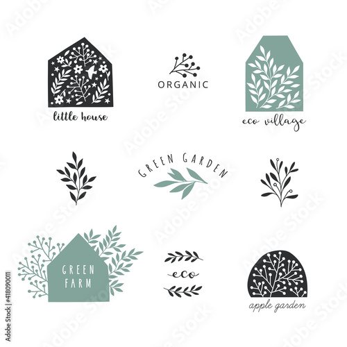 Collection of the hand drawn house and plants icons and logos. Garden, village, farm and house symbols. Vector illustration.