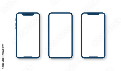 Set of mobile phone mockup with empty white screen. Blue smartphone on white background. Vector