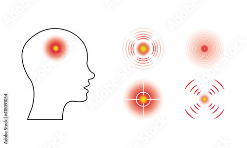 Headache concept with various pain marks. Set of red circle points. Human head profile. Vector