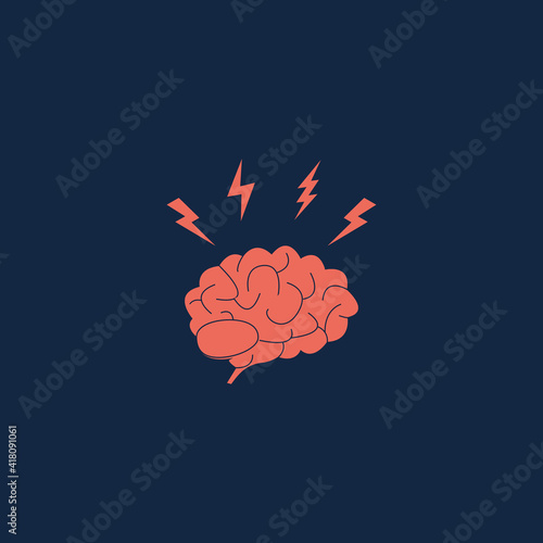 Headache, stress, emotional exhaustion icon. Brain with lightning symbols. Fatigue and stress concept. Vector