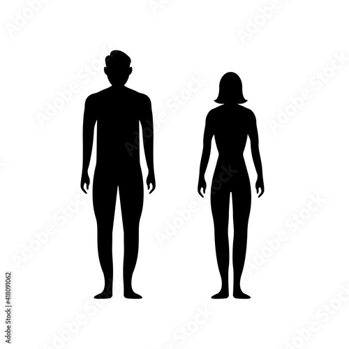 Black silhouettes of men and women on a white background. Male and female gender. Figure of human body. Vector