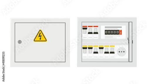 Electrical power switch panel with open and close door. Fuse box. Isolated vector illustration in flat style on white background