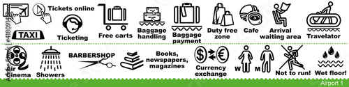 Set of airport icons. Baggage, waiting area, tickets, taxi service and airport amenities. Vector Illustration