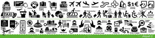 Set of airport, aircraft and air travel icons. Including COVID precautions signs. Vector Illustration