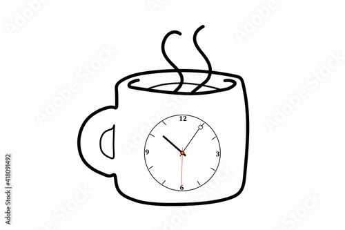 Coffee cup alarm. A cup of fresh tea or coffee with hour mark. coffee cup clock time.