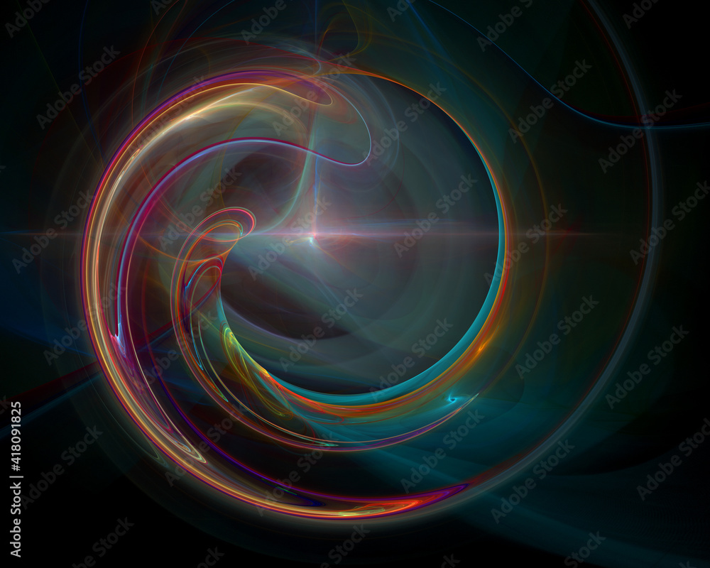 Ambient flow in artistic digital composition. Spiral lens flare and glare around spotlight in deep far darkness.